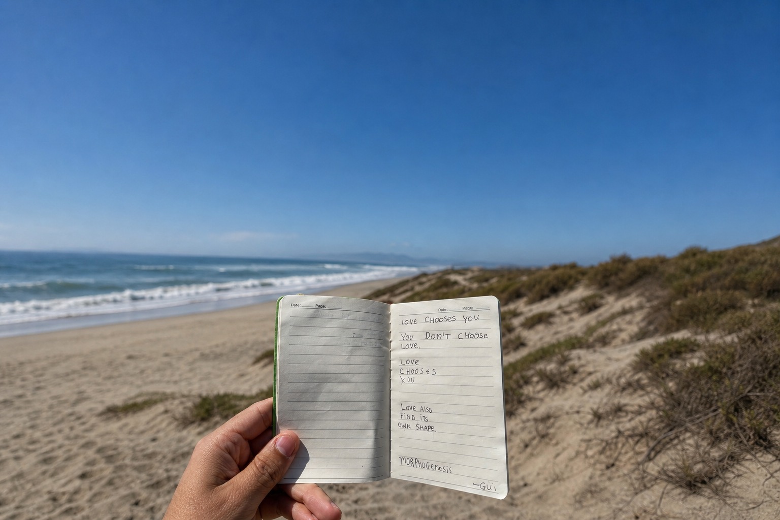 A hand holds an open notebook on a beach; the page reads: love chooses you, you don't choose love. love also finds its own shape. morphogenesis.